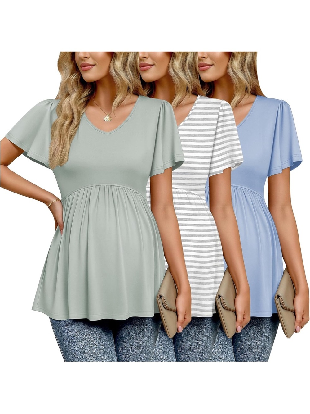 3 Maternity Tops - Sage, Stripe, and Light Blue